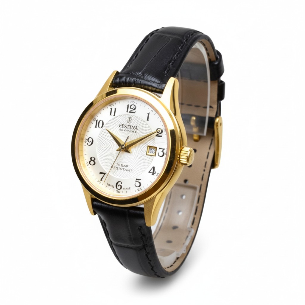 FESTINA Damenuhr silber/gold schwarz, 29mm Edelstahl, Lederarmband, 100m wasserdicht, Quarz-Analog