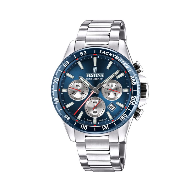 FESTINA Herrenuhr Chronograph Edelstahl 45mm mit Datumsanzeige, 100m wasserdicht, silber-blau