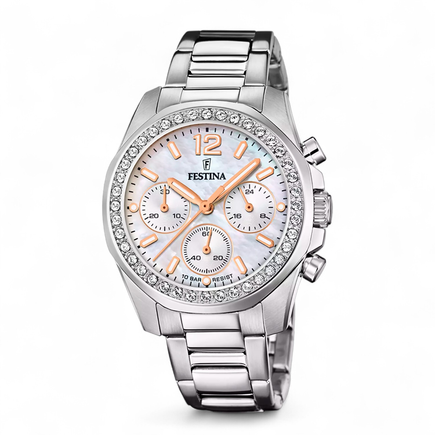 FESTINA Damen Armbanduhr mit Perlmutt Zifferblatt, Edelstahl, Quarz-Chronograph, 38mm, silber/weiß/roségold