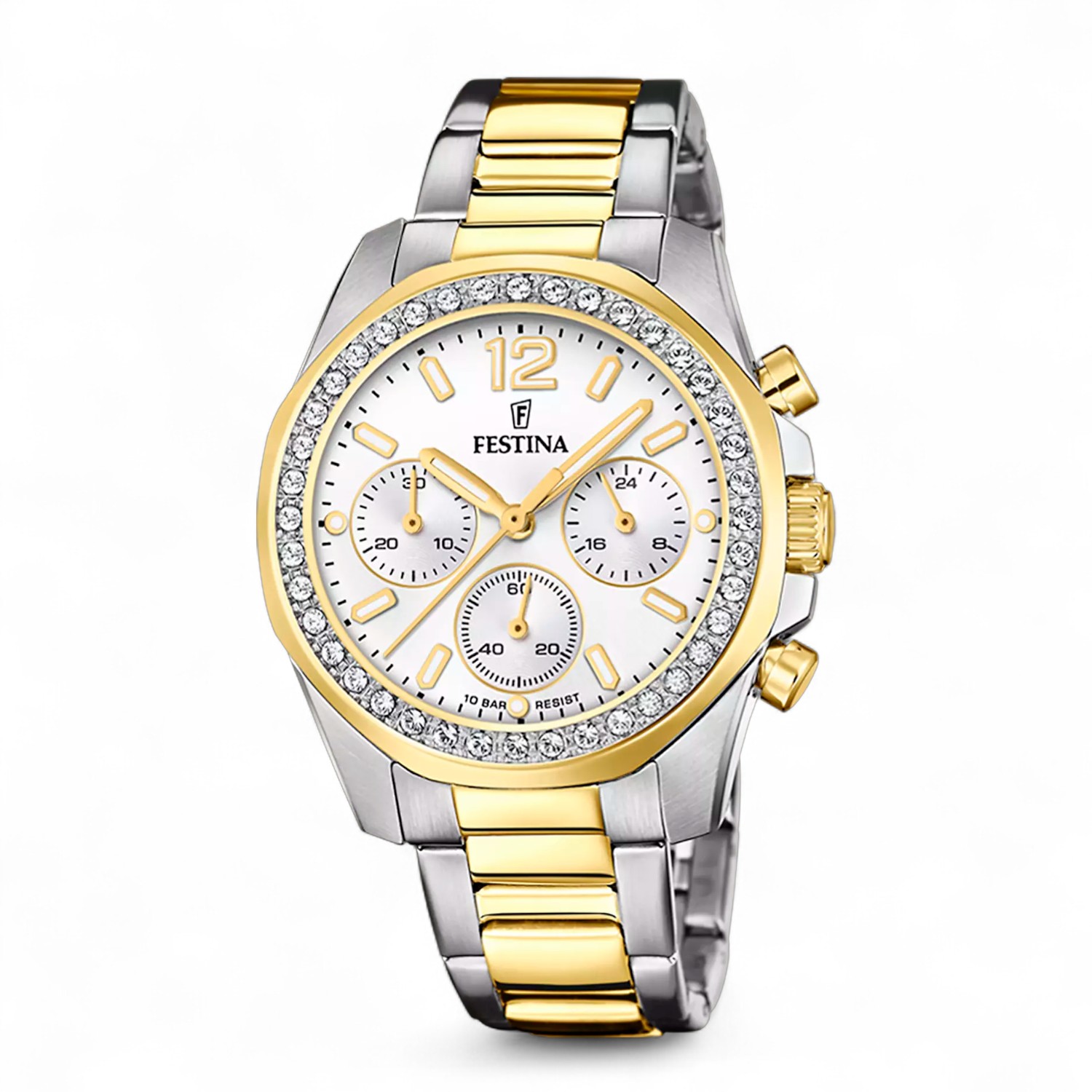 FESTINA Damen Armbanduhr mit Perlmutt Zifferblatt, Edelstahl, Quarz-Chronograph, silber-gold-weiß, 38mm