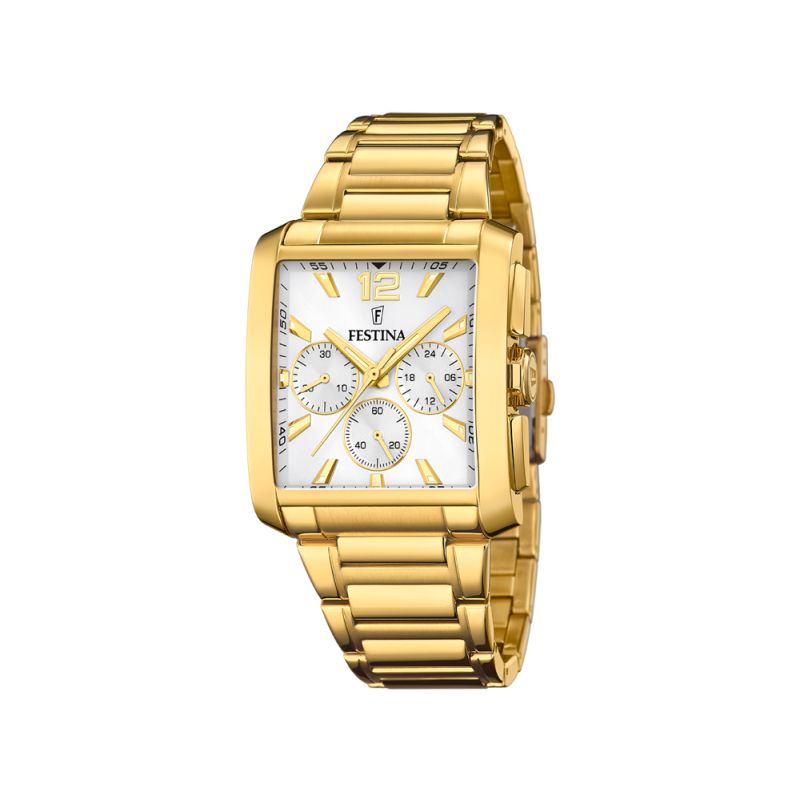 FESTINA Herren Armbanduhr Chronograph eckig vergoldet 38mm Edelstahl PVD goldfarben, 5 Bar wasserdicht