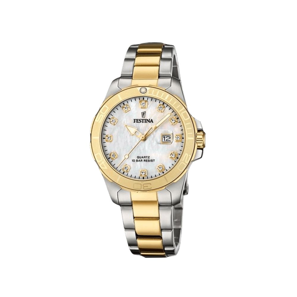 FESTINA Damen Armbanduhr Perlmutt Zifferblatt, Edelstahl/PVD bicolor, 34mm, 10 Bar