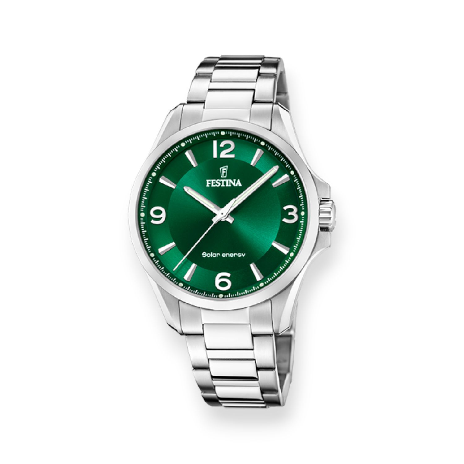 FESTINA Herren Armbanduhr Solar Edelstahl 42mm silberfarben grün 5 Bar wasserdicht Mineralglas