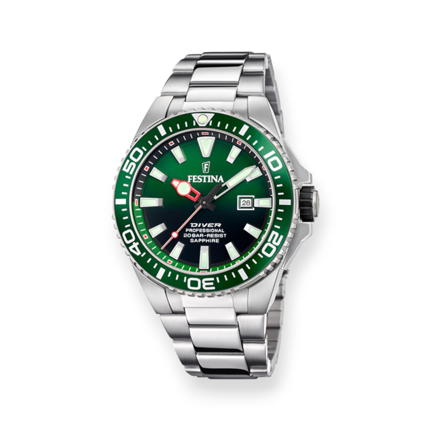 FESTINA Herren Armbanduhr 45mm Edelstahl, Saphirglas, silber-grün, 20 Bar Wasserdicht