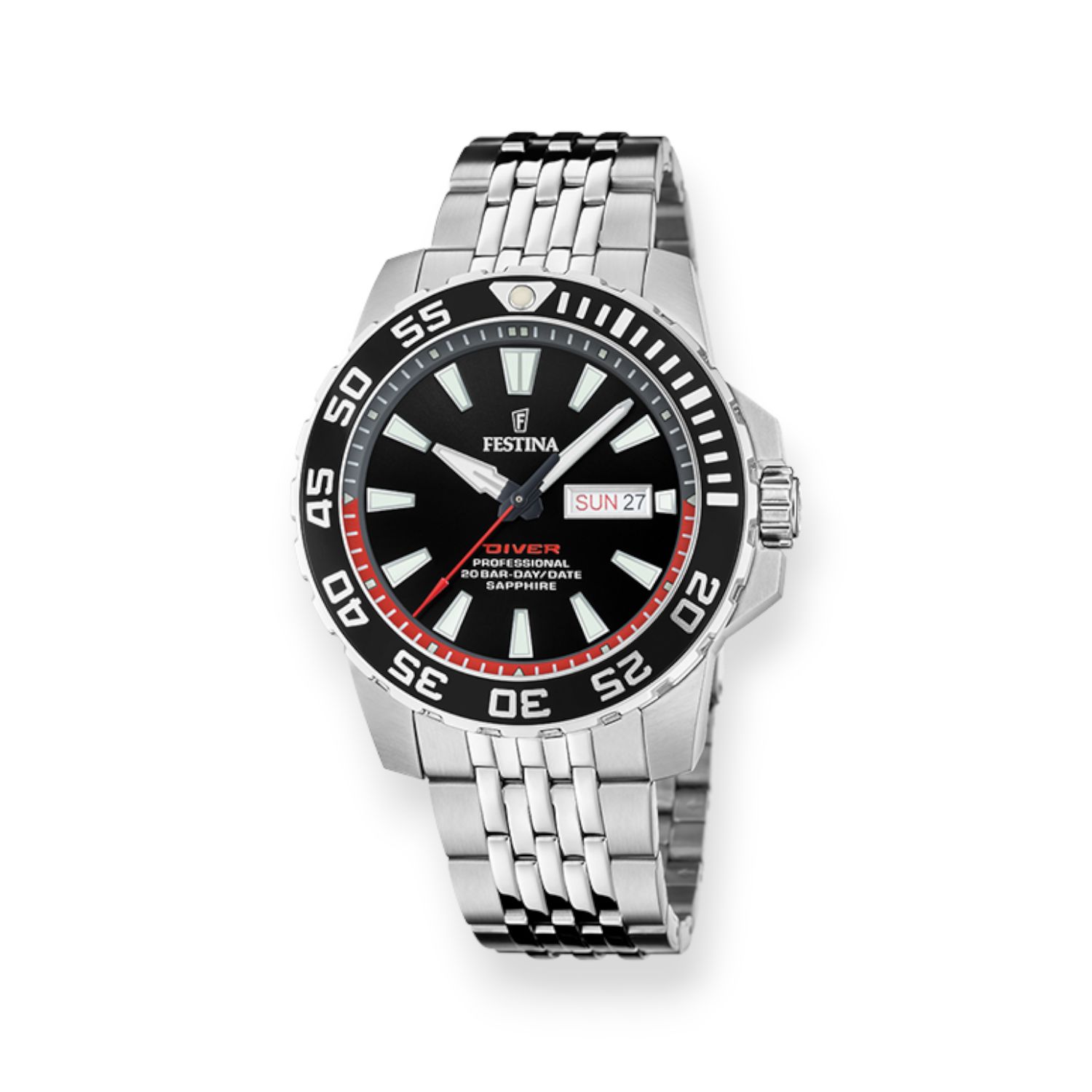 FESTINA Herren Armbanduhr 45mm Edelstahl, Saphirglas, Quarz, 20 Bar, silber-schwarz-rot