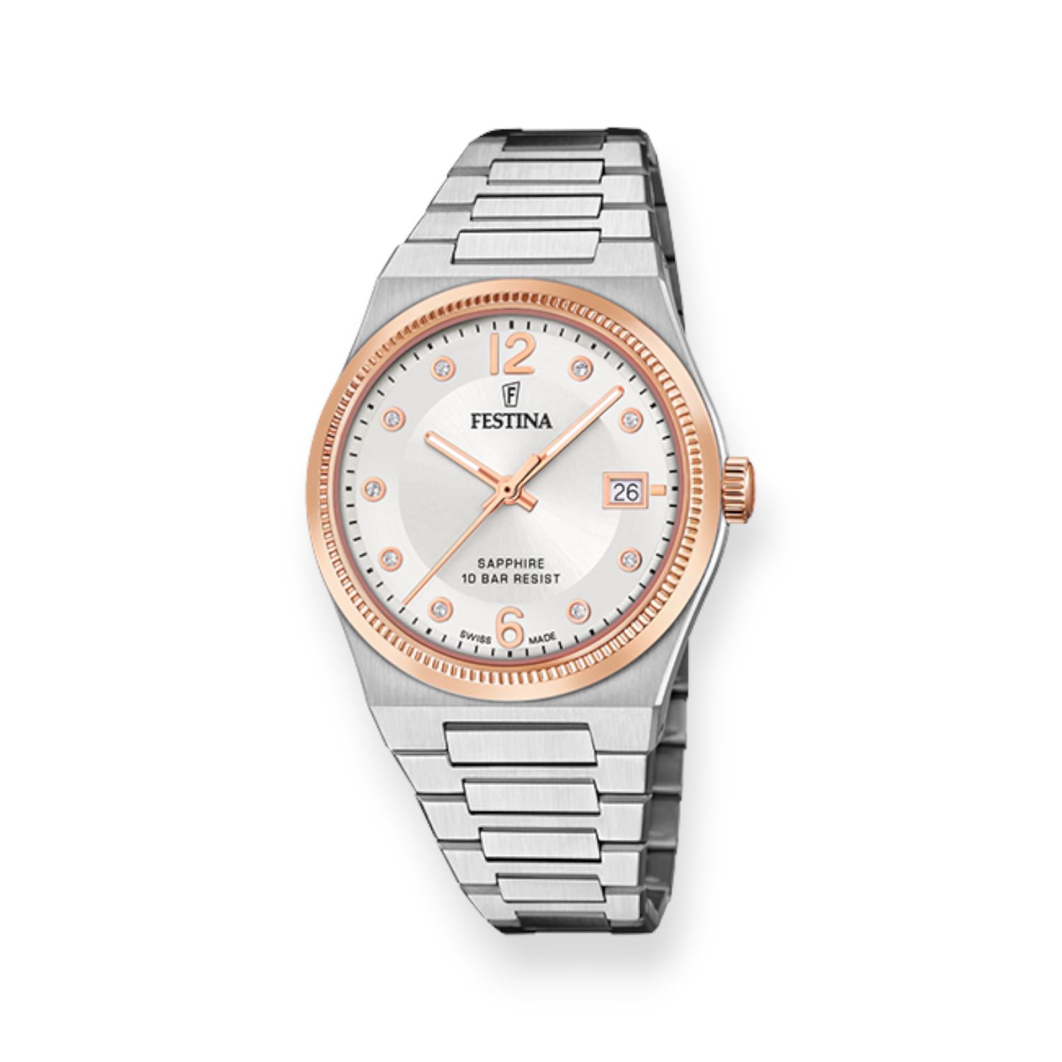 FESTINA Damen Armbanduhr Swiss Made Edelstahl 35mm silber/rot/roségold mit Safirglas und Quarzwerk