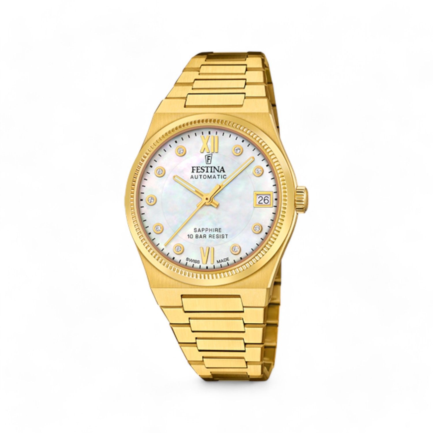 FESTINA Damenuhr Swiss Automatik 32mm Edelstahl Gold mit Safirglas, wasserdicht bis 10 Bar