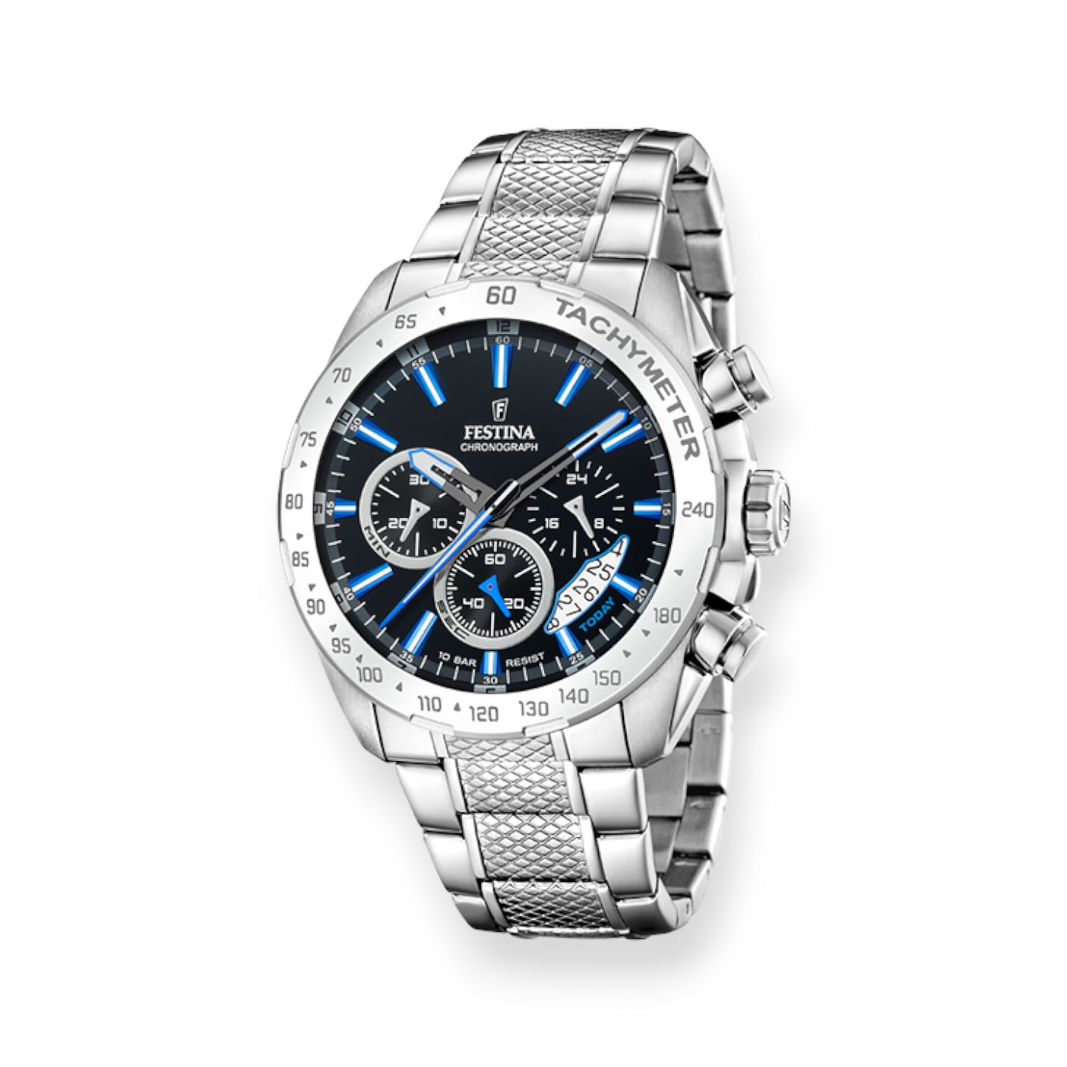 FESTINA Herren Chronograph Armbanduhr Edelstahl 44mm silber-blau, Quarz, 10 Bar wasserdicht