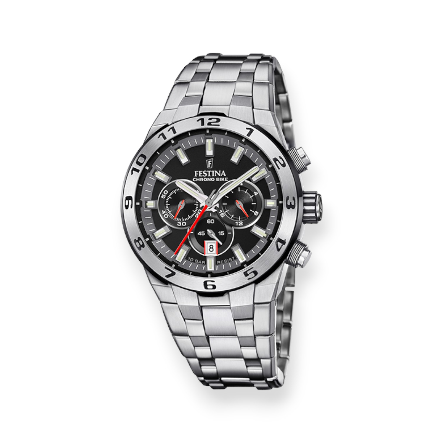FESTINA Chrono Bike Herren Armbanduhr 44mm Edelstahl, Silber/Schwarz, Wasserdicht 10 Bar