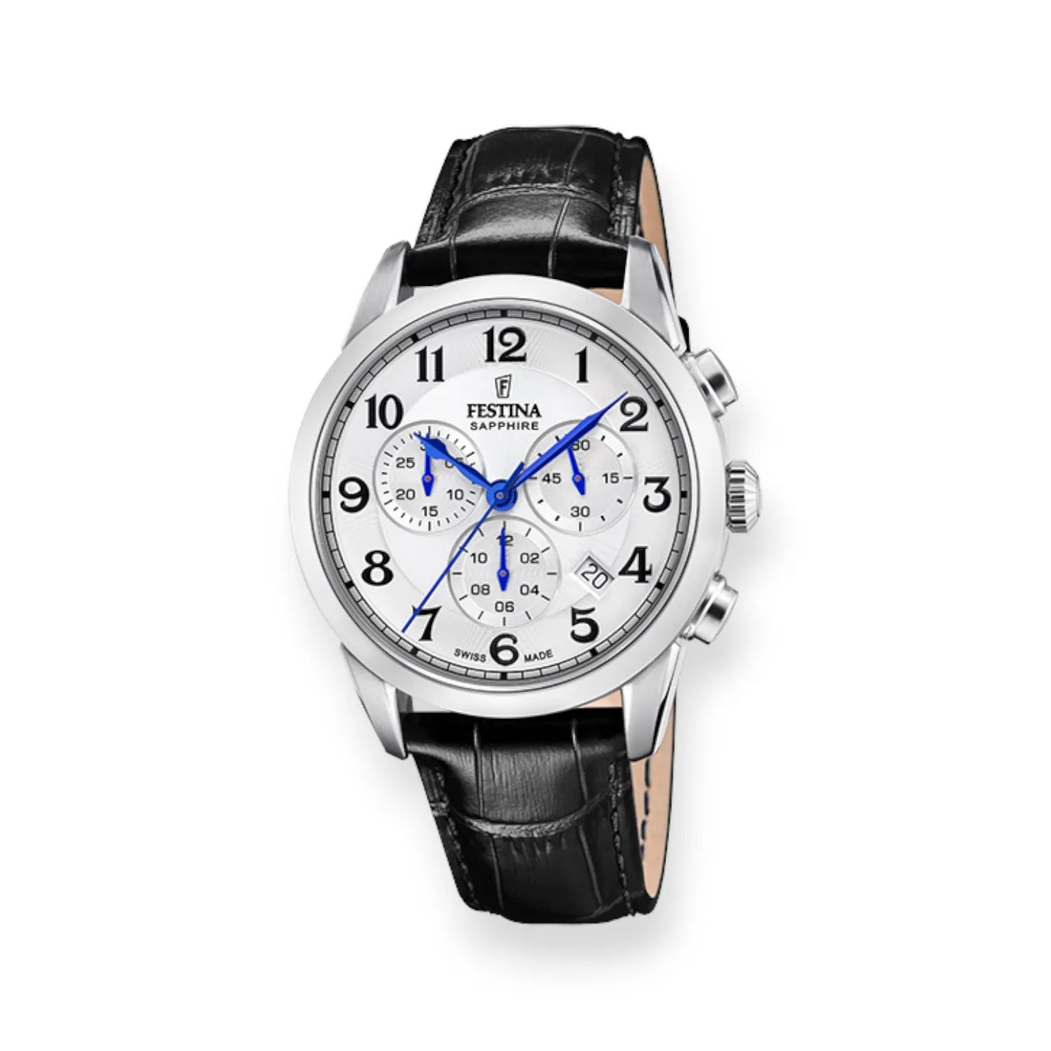 FESTINA Herren Armbanduhr 41mm Edelstahl Quarz-Chronograph mit schwarzem Lederarmband und Safirglas,
