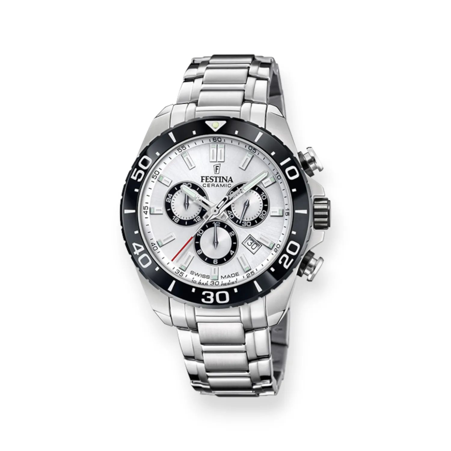 FESTINA Herren Armbanduhr Ceramic Swiss, 44mm, Edelstahl & Safirglas, schwarz/silber