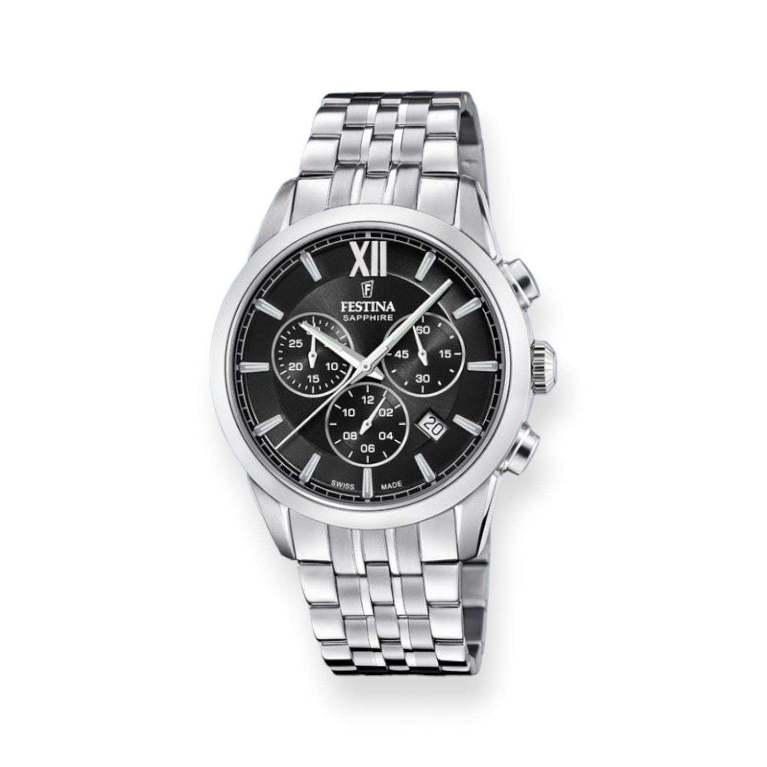 FESTINA Herren Armbanduhr Edelstahl 41mm Quarz-Chronograph mit Safirglas, silber-schwarz, 10 Bar wasserdicht