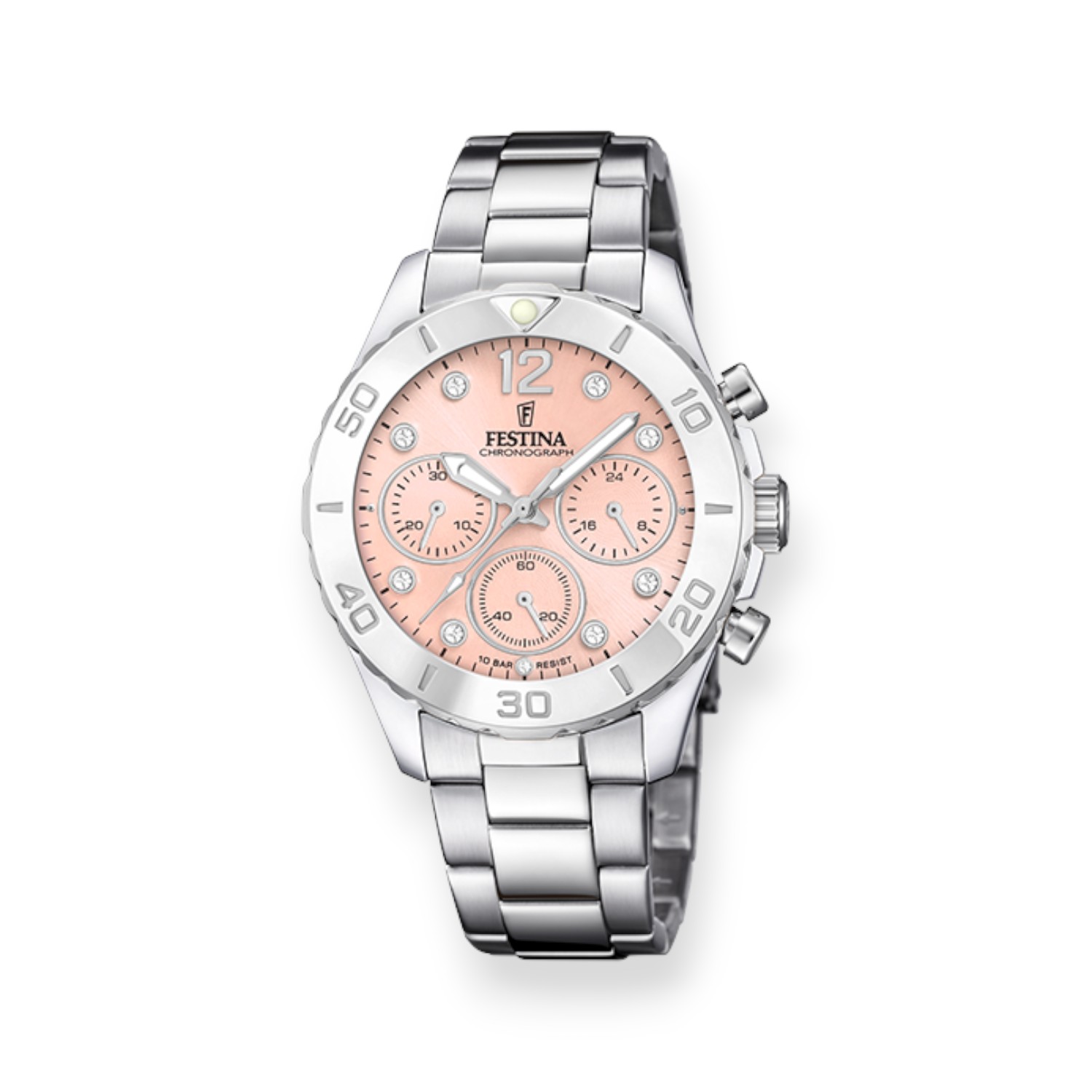 FESTINA Damen Chronograph Armbanduhr Edelstahl silberfarben rosa 39mm Quarz 10 Bar wasserdicht