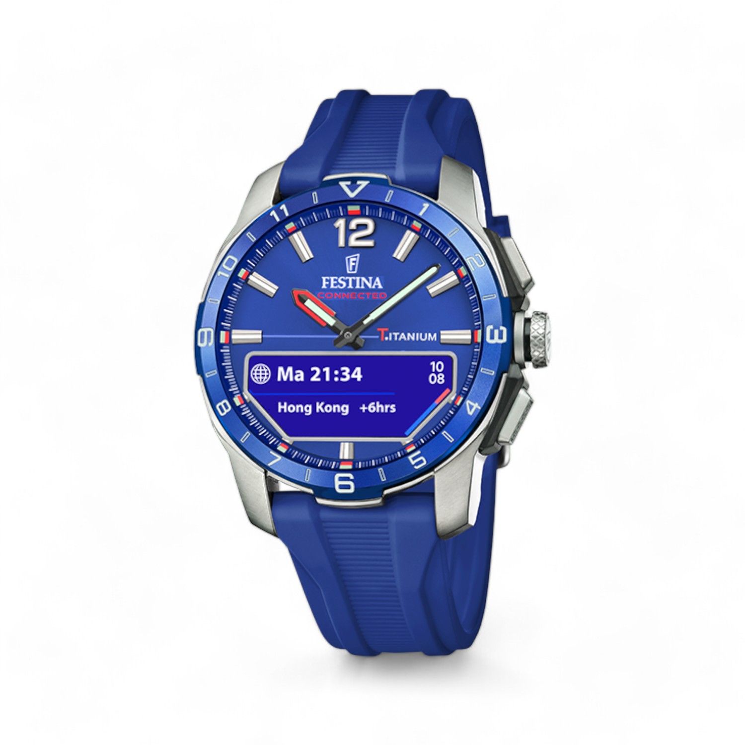 FESTINA CONNECTED D Herren Hybriduhren, silberfarben mit blauem Kunststoffarmband, 43mm Edelstahlgehäuse,