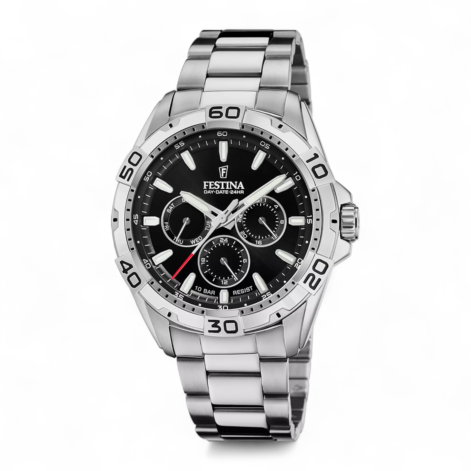 FESTINA Herren Armbanduhr Multifunktion Edelstahl 45mm silberfarben schwarz rot Quarz 10 Bar wasserdicht