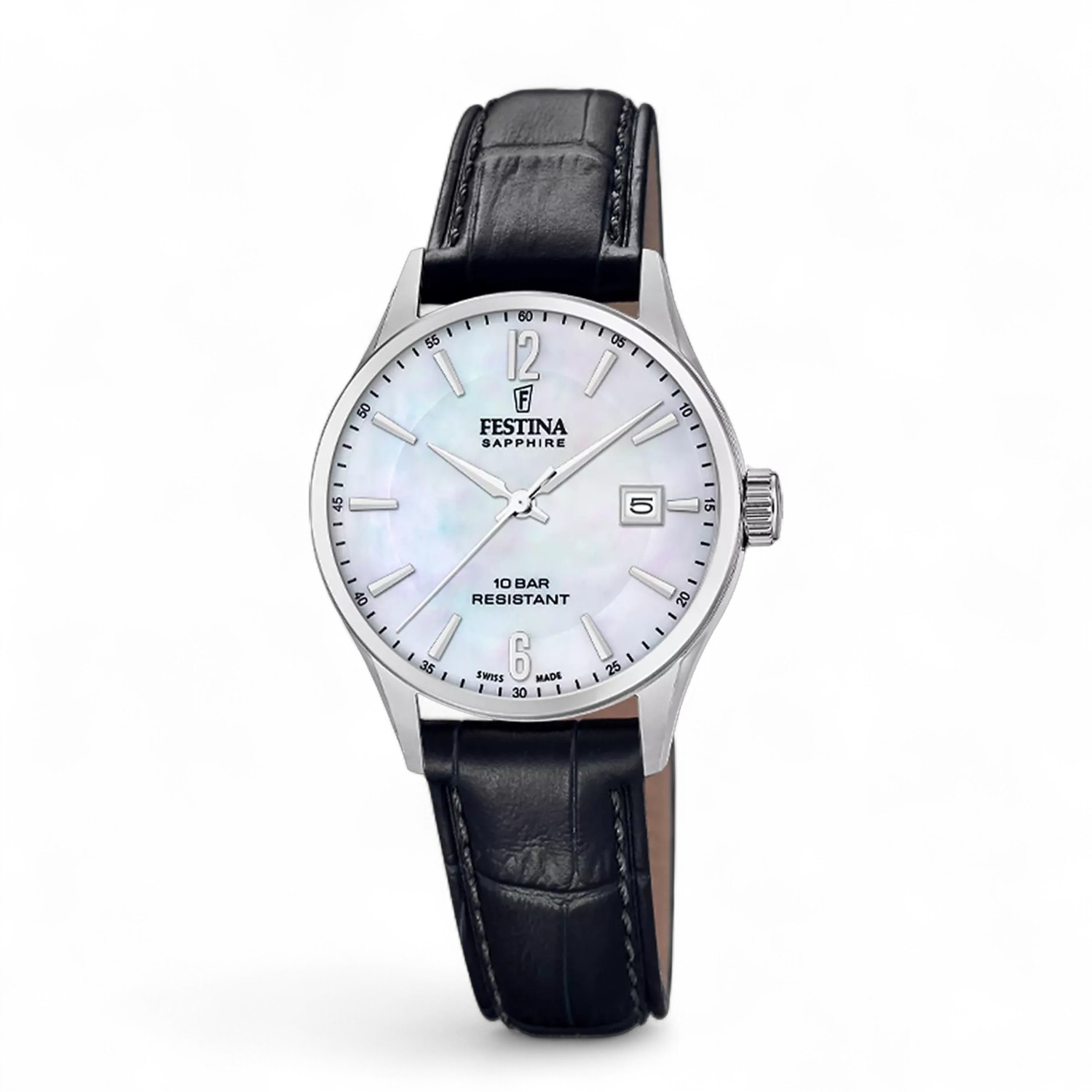 FESTINA Damen Armbanduhr Swiss Made, silberfarbenes Edelstahlgehäuse, schwarzes Lederarmband, 29mm,
