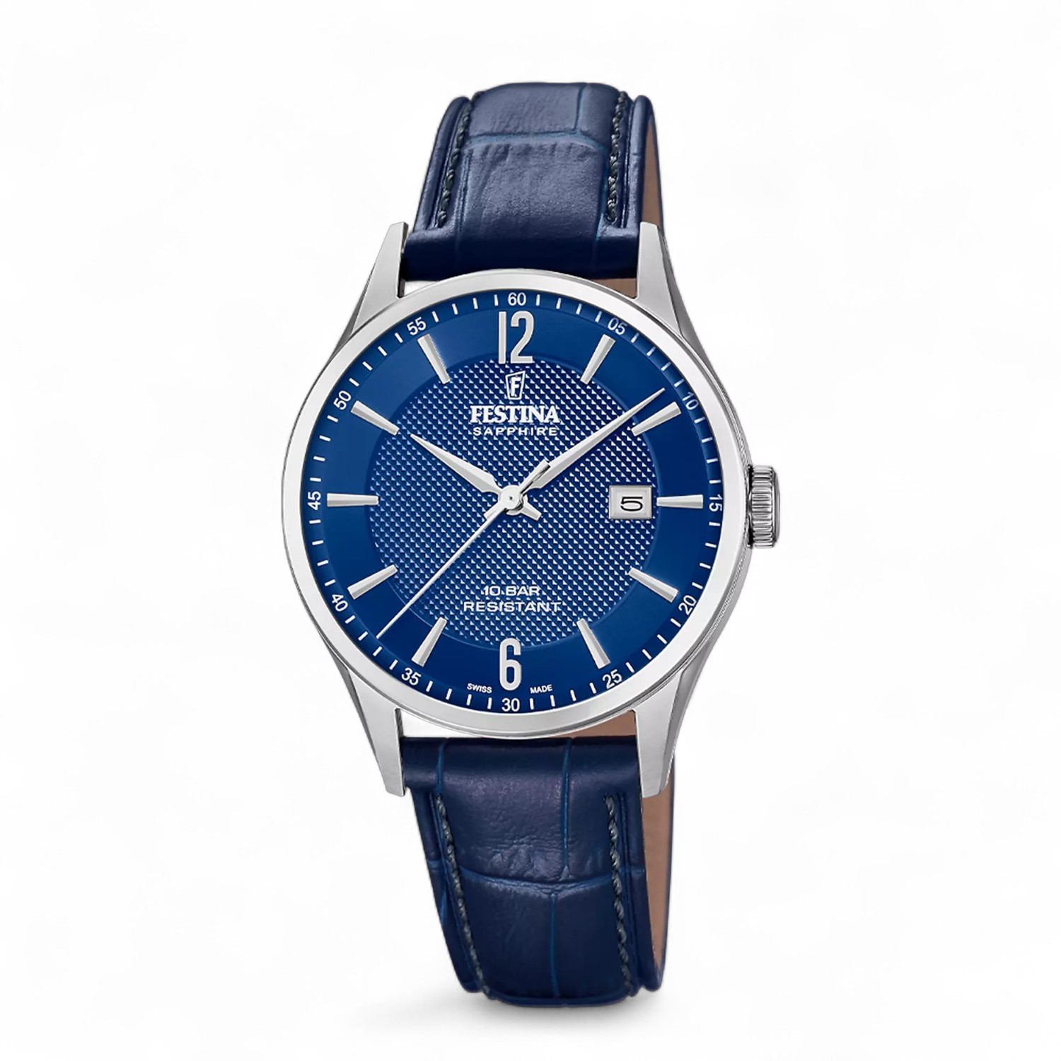 FESTINA Herren Armbanduhr Swiss Made, 40mm Edelstahl, silberfarben, blaues Lederarmband, Quarz-Analog, 10 Bar