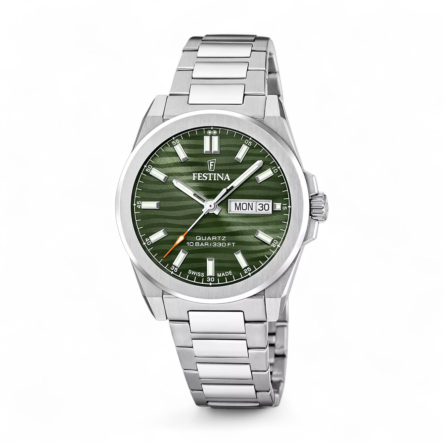FESTINA Herren Armbanduhr Swiss Made Edelstahl 40mm silberfarben grün Quarz-Analog 10 Bar wasserdicht