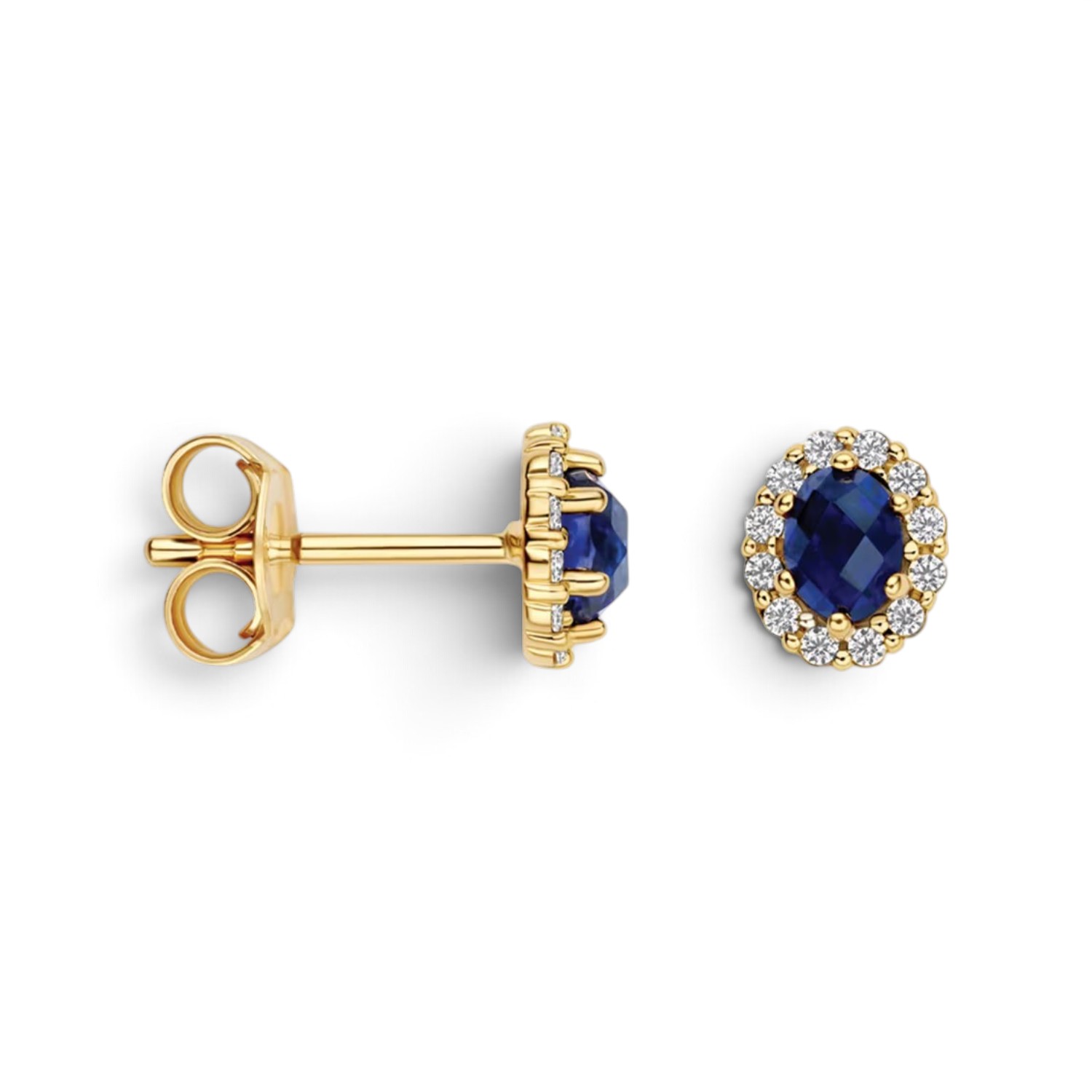 Blush Ohrstecker Damen 585 Gold mit 24 Lab-Diamanten 0,12 ct und blauem Saphir, 6,7x5,6 mm