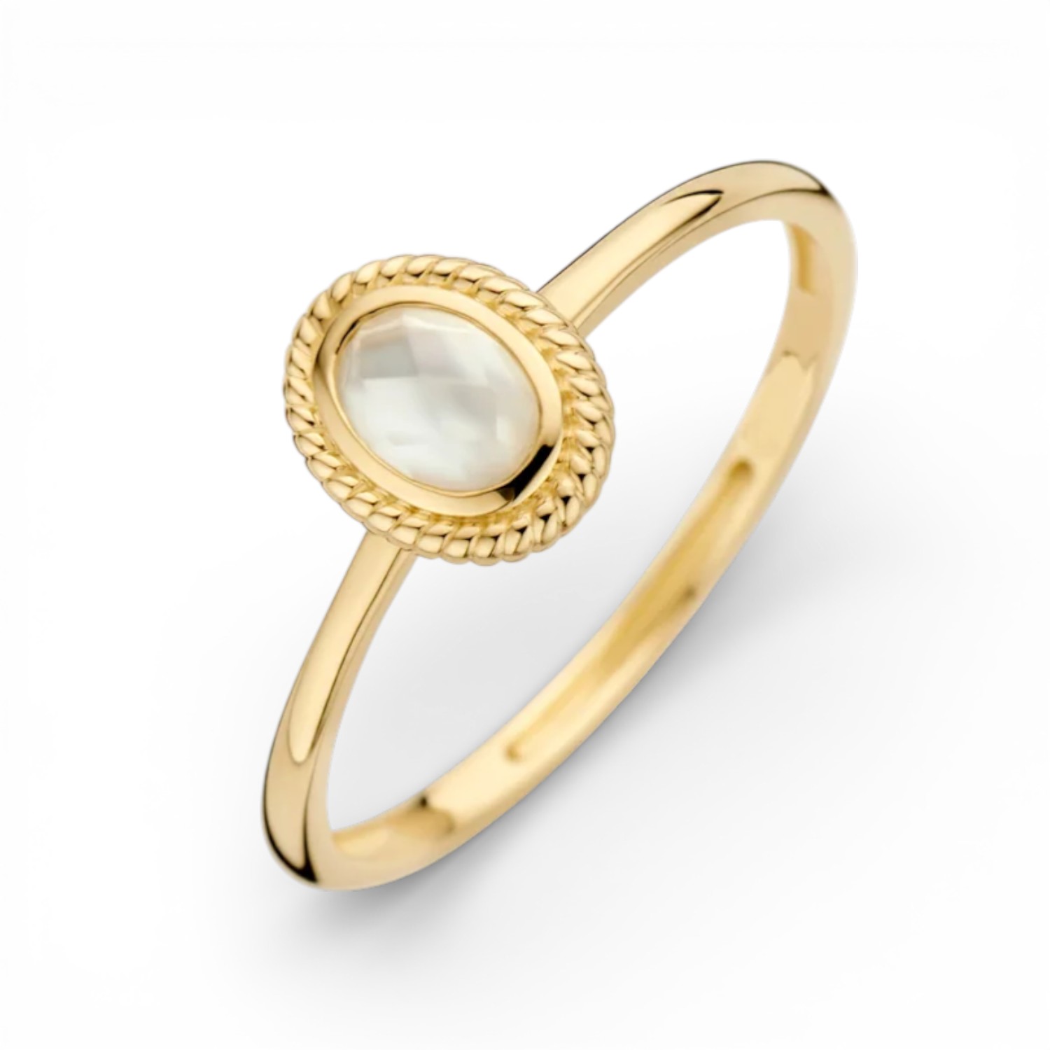 Blush Damenring aus 585 Gold mit Quarz und Perlmutt, Kordelmuster, Größe 54, ideal für Verlobung