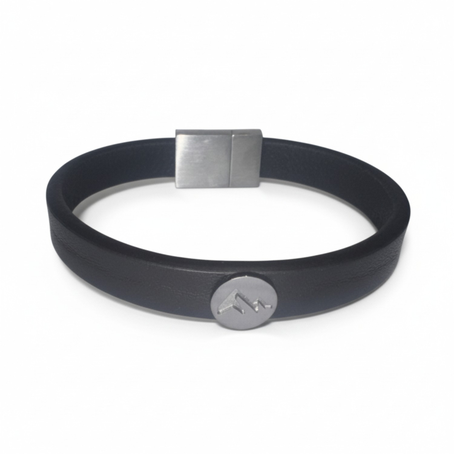 noën Lederarmband mit Berge für Herren, 925 Silber, schwarz-silber, 21 cm, 11,5 mm breit
