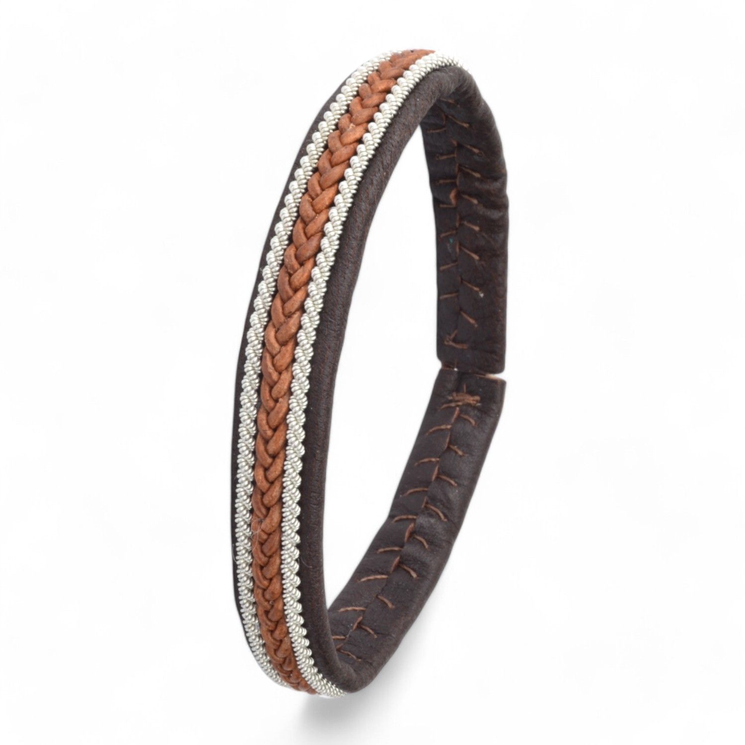Lederarmband dunkelbraun/hellbraun mit Zinnfaden und Hornknopf für Herren und Damen – 20cm, 10mm breit