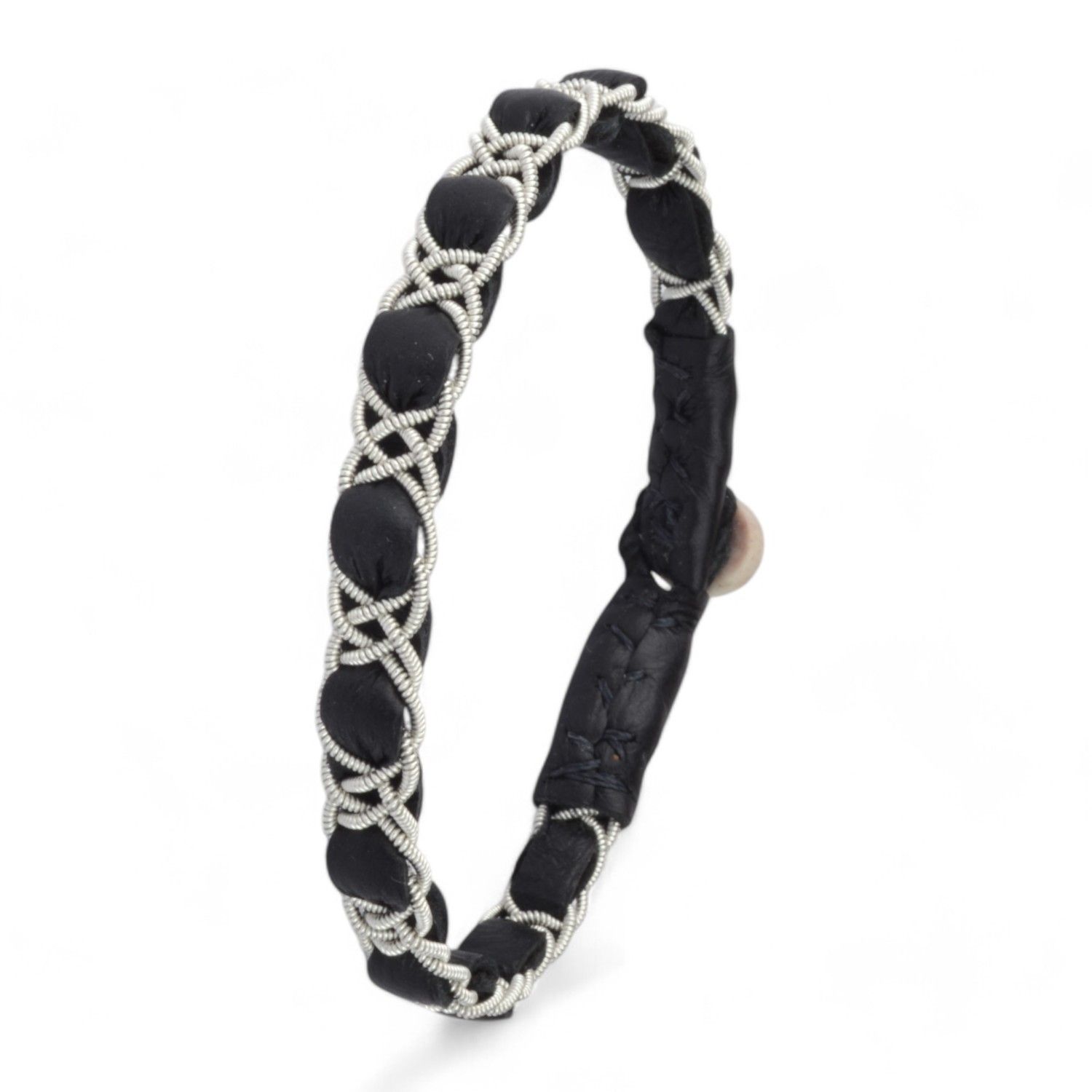 Saami crafts Lederarmband schwarz 7mm, Zinnfaden, silberne Details, 17cm für Damen