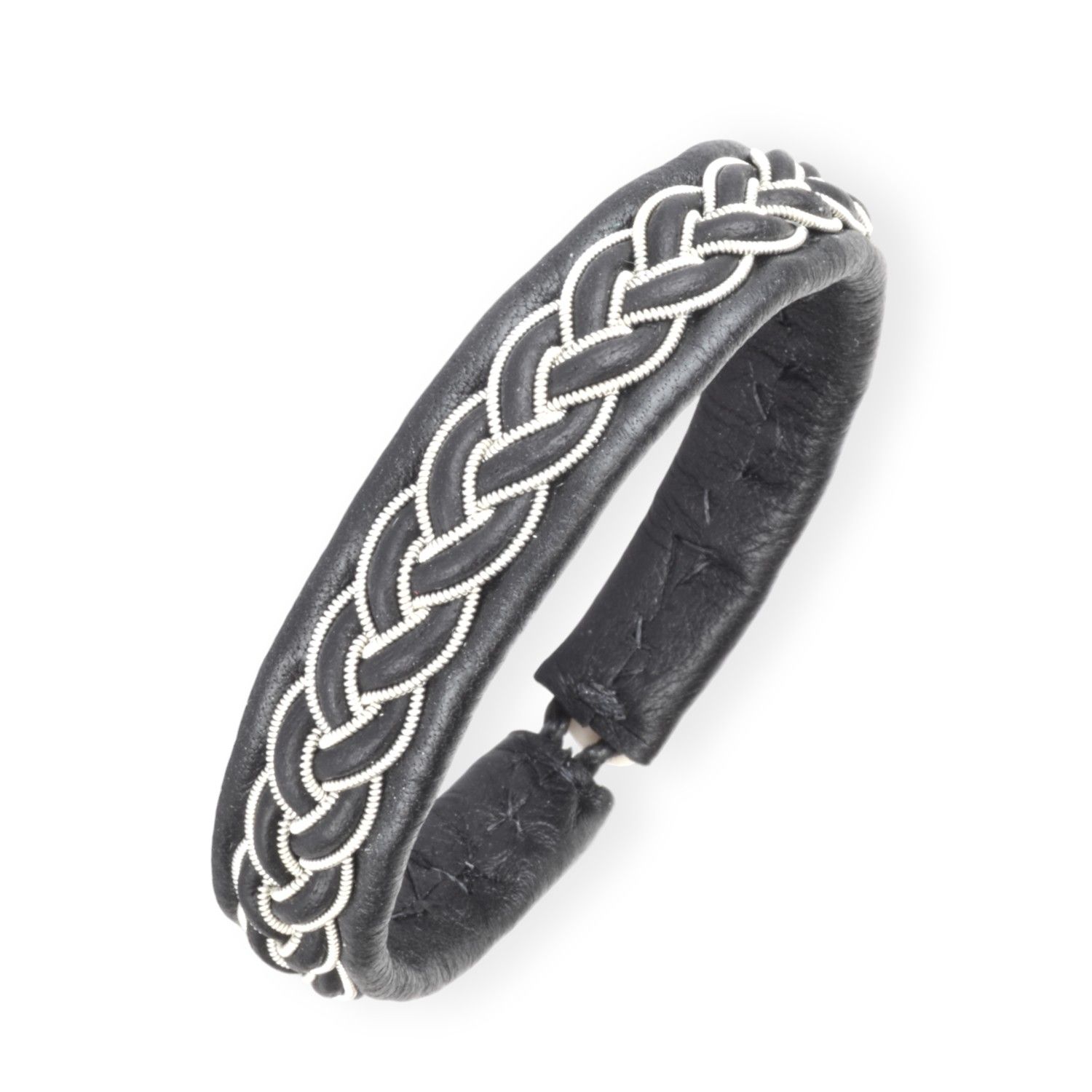 Saami crafts Lederarmband klassischer Zopf mit Zinnfaden für Herren und Damen, schwarz-silber, 20cm