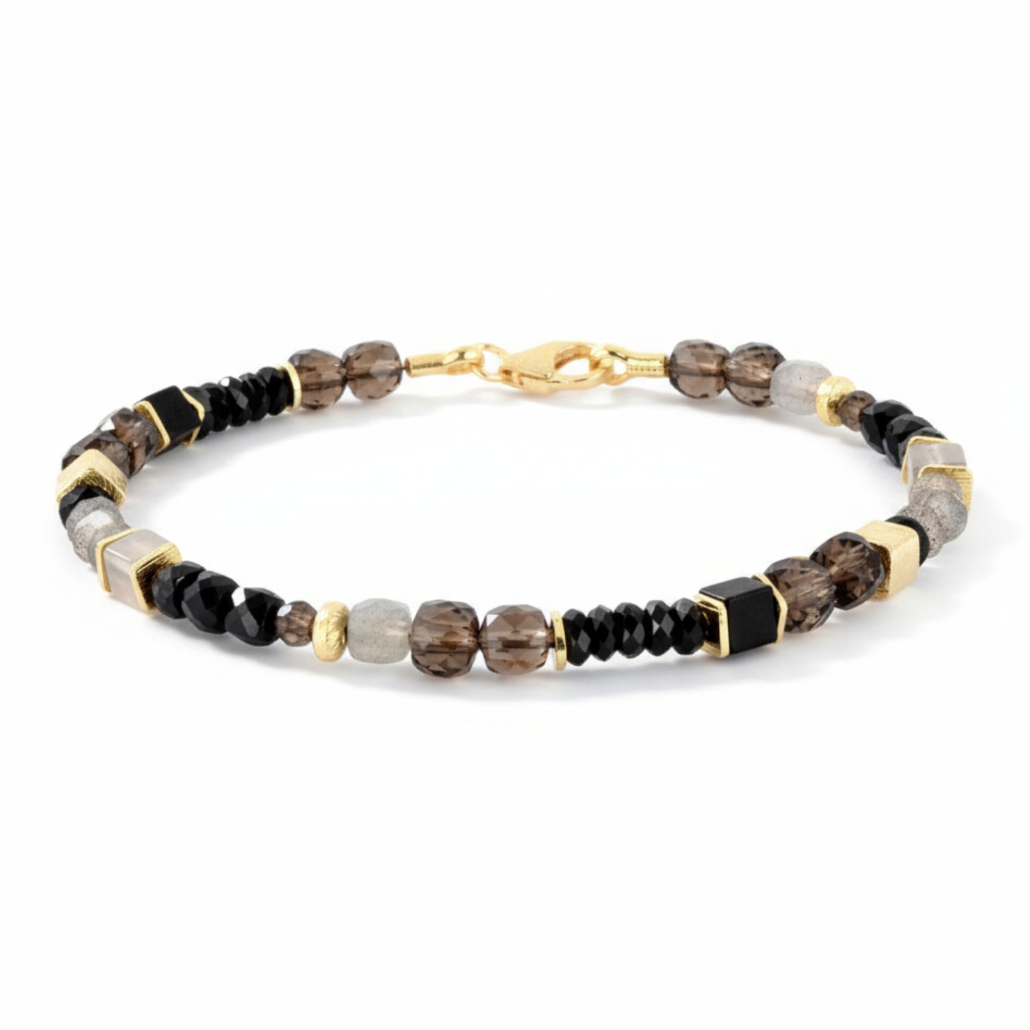 Schmidt Damen Armband 19cm aus vergoldetem Silber mit Rauchquarz, Labradorit und Spinell, goldbraun 5mm