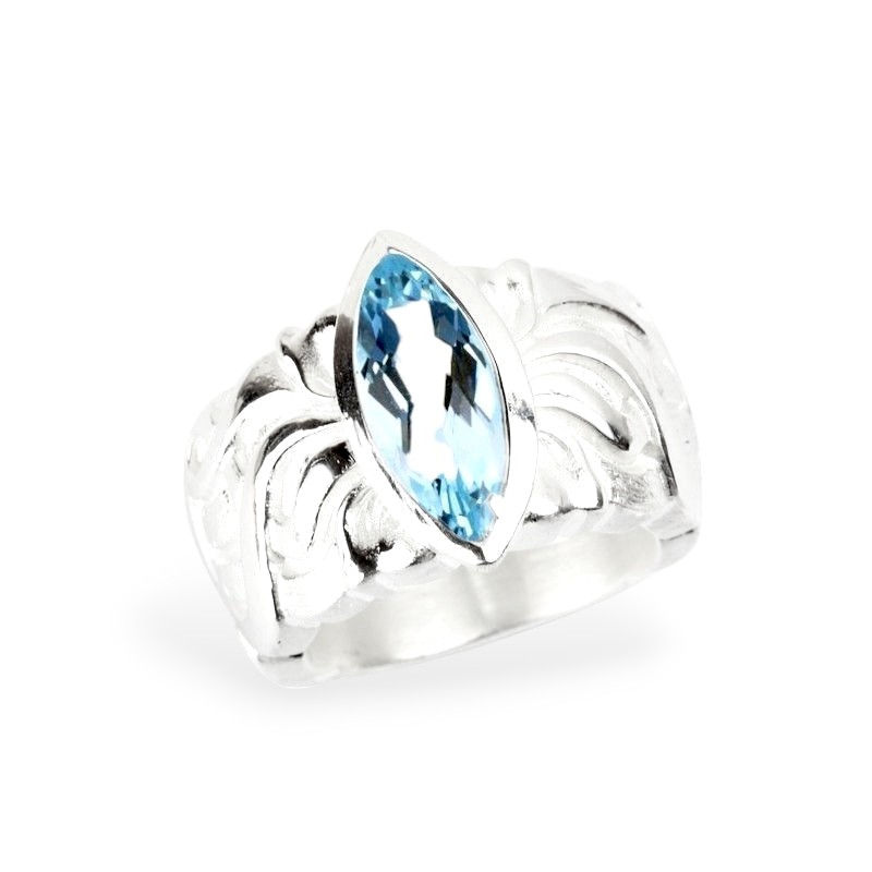 Drachenfels Damenring 925 Silber mit Topas in Navette-Schliff, blau, Größe 55