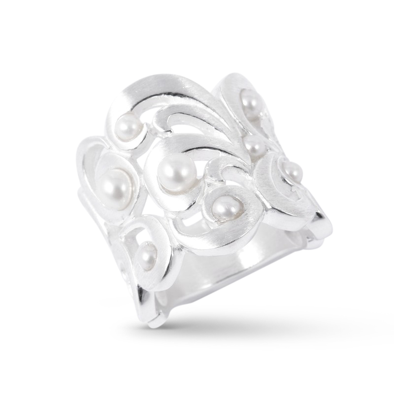 Drachenfels Damen Ring Großer Perlentau, 925 Silber, Süßwasserperle, Größe 58