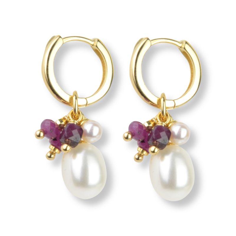 Schmidt Creolen vergoldet mit Süsswasser-Perle und Rubin für Damen, 14,6mm Ohrschmuck in Gold und Rot