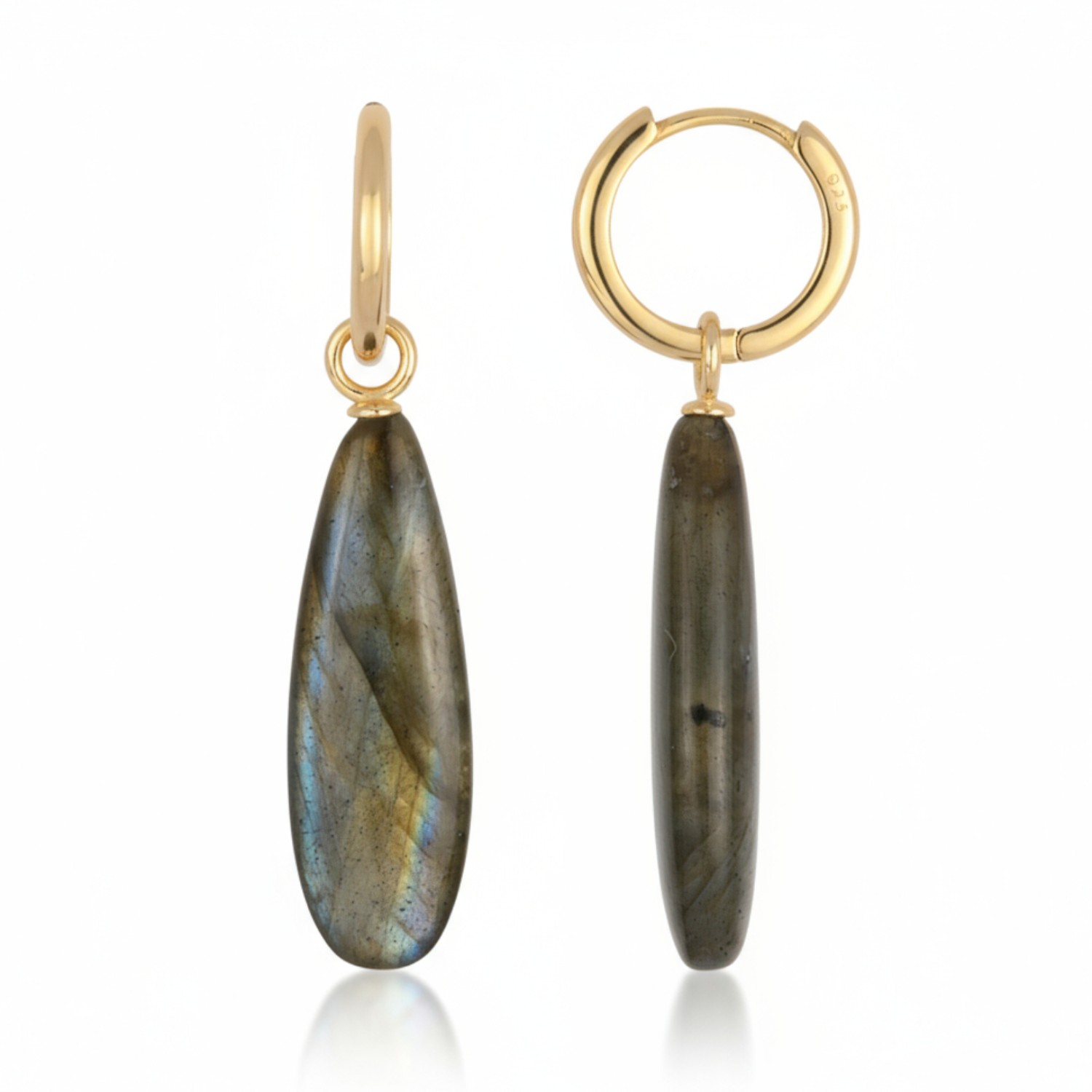 Schmidt Creolen mit Einhänger aus 925 Silber vergoldet und Labradorit für Damen, 46,5x10mm, gold-grau