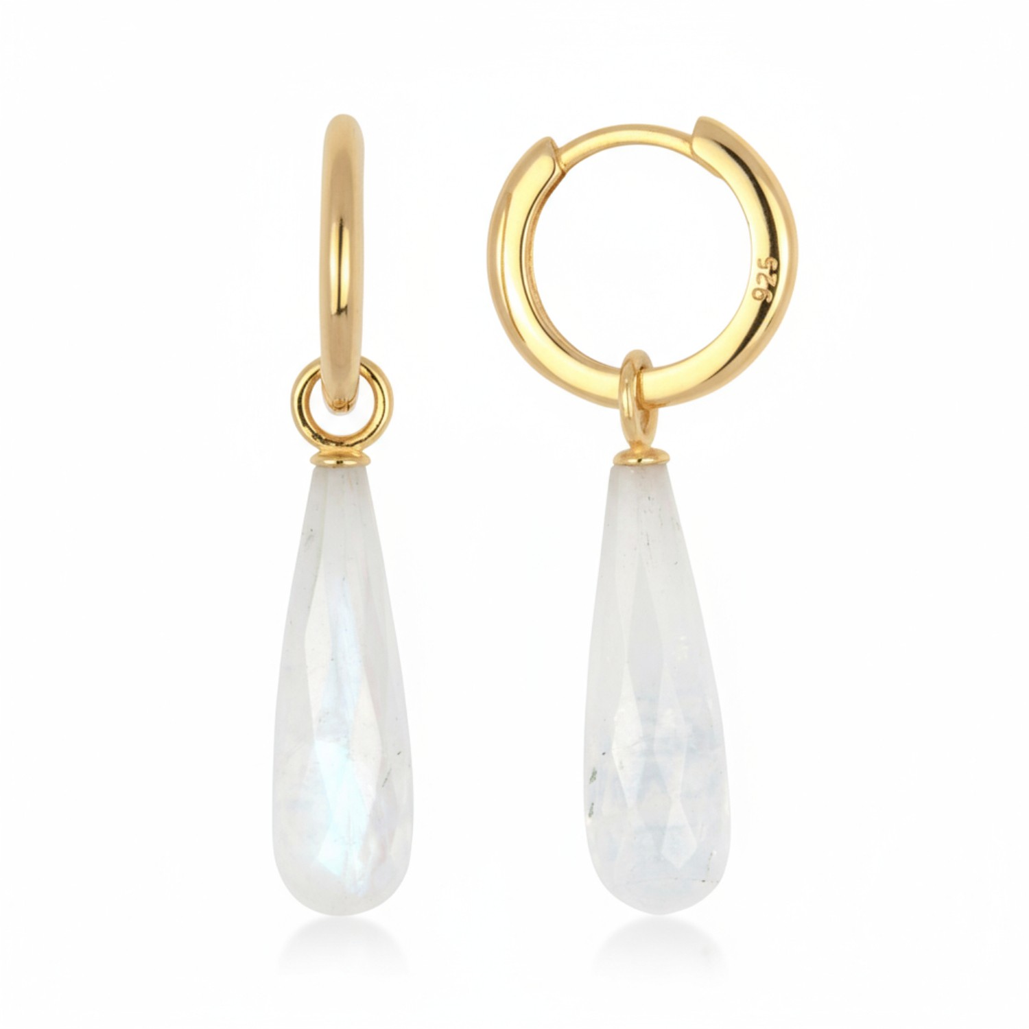 Schmidt Creolen mit Einhänger aus vergoldetem 925 Silber und Mondstein für Damen, goldfarben, 38,5x7mm