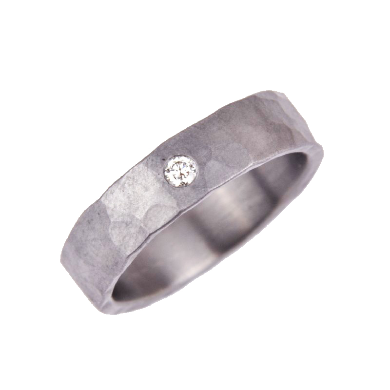 Haudarin Tantal Ring mit Brillant 5mm, schwarz, Hammerschlag, für Herren und Damen, Ringgröße 54