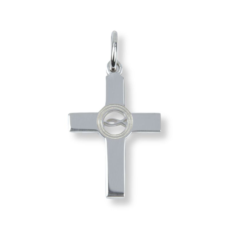 Schmidt Kreuz Anhänger mit Fischsymbol aus 925 Silber für Damen, Herren und Kinder, ca. 23x14mm, silberfarben