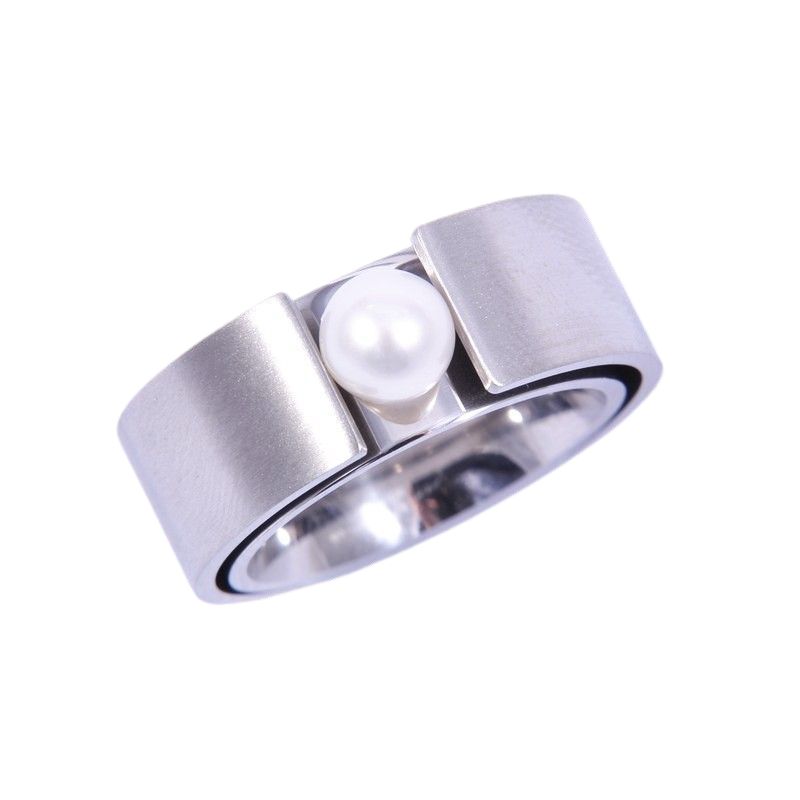 Ernstes Design Damenring aus Edelstahl mit Süsswasserperle, silber, Größe 49