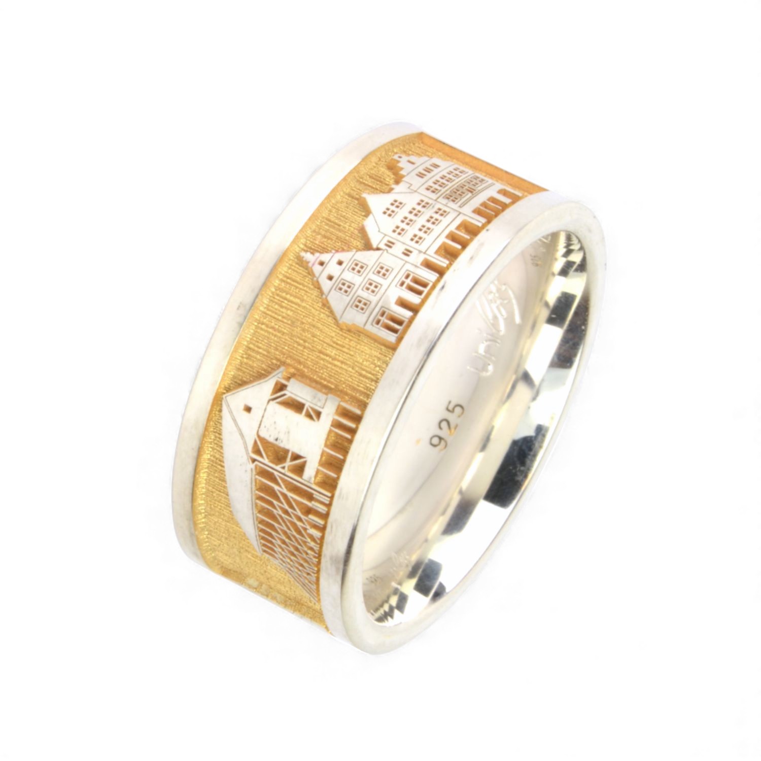 Unicoes Stadtring Rheine 925 Silber vergoldet für Damen, 9mm breit, Ringgröße 55, silber-goldfarben