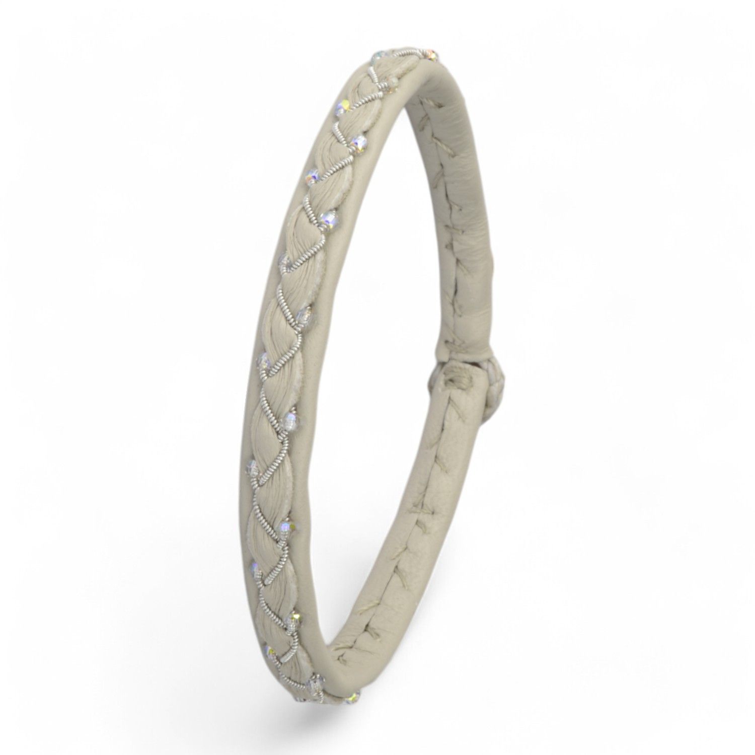 Saami Crafts Lederarmband Pebble mit Zinnfaden und Steinchen für Damen, 7mm breit, beige-silberfarben, 17,5cm
