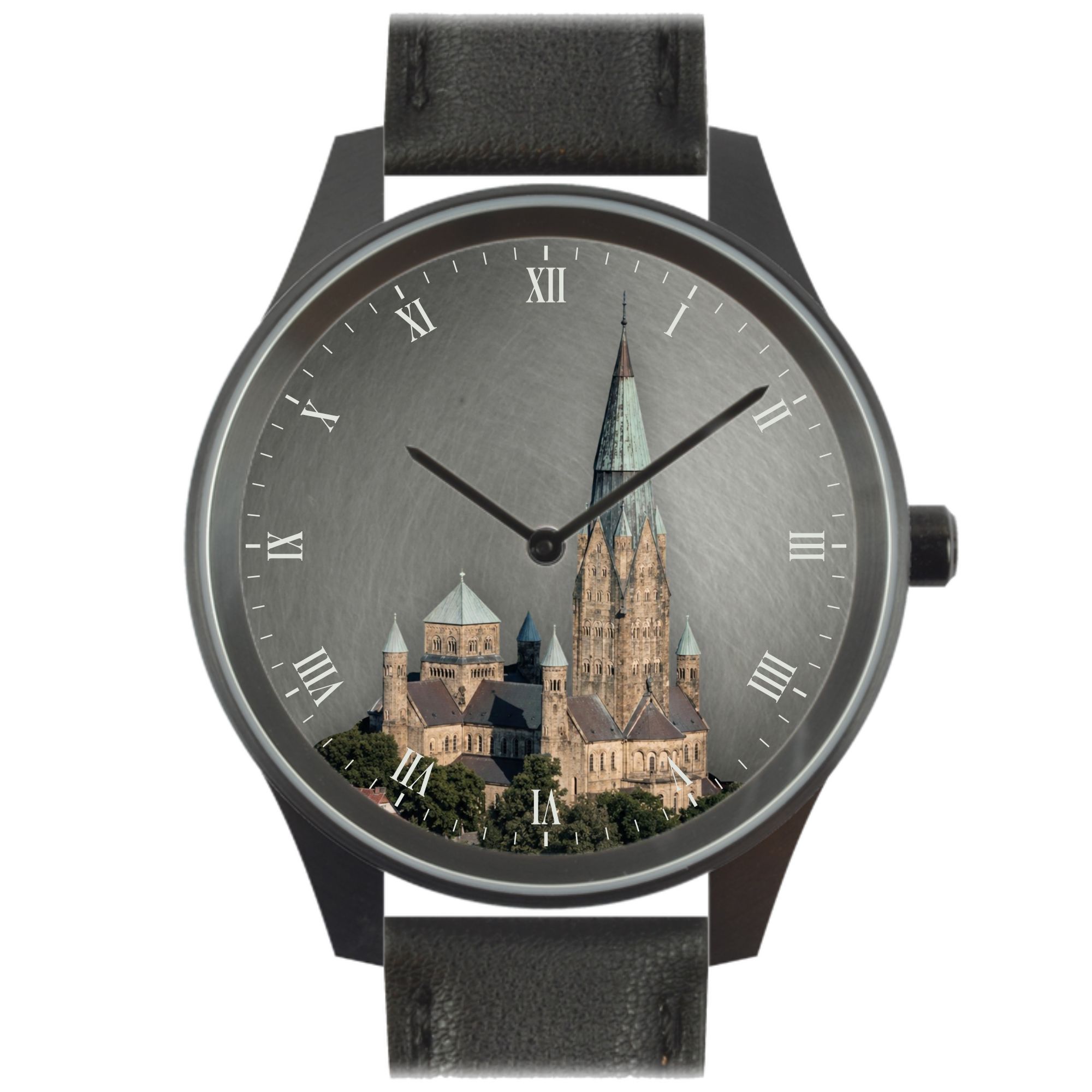 Vater & Sohn Rheine Uhr mit St. Antonius-Basilika – Unisex Quarz, 38 mm Edelstahl/PVD, Lederband