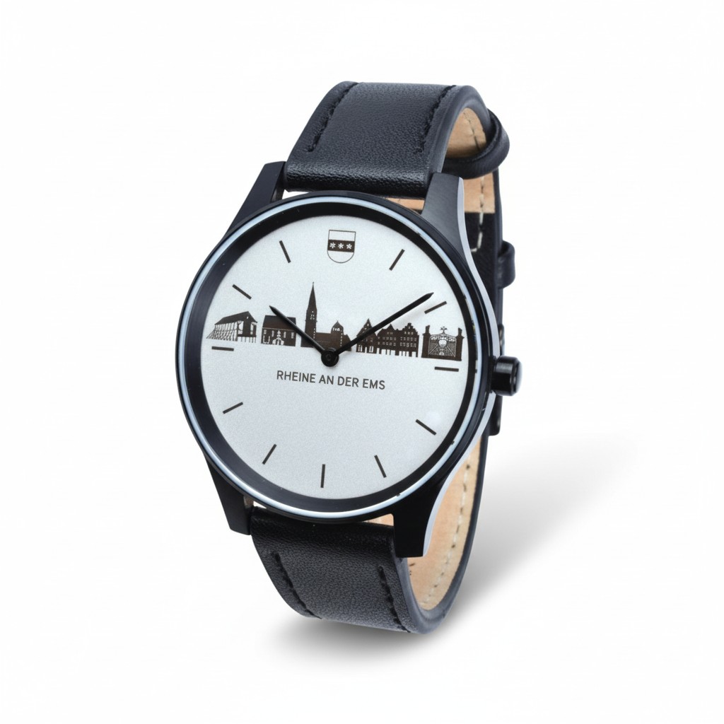 Rheine Uhr mit Wappen Saline Falkenhof von Vater & Sohn – elegante schwarze Lederarmbanduhr für Herren und