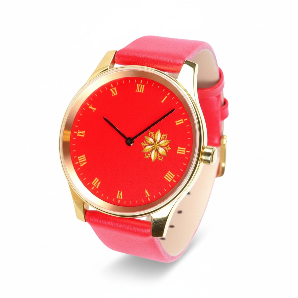 Vater & Sohn EDITION Weihnachten 2025 Damen Armbanduhr goldfarben rot vegan Edelstahl 38mm Quarz-Safirglas