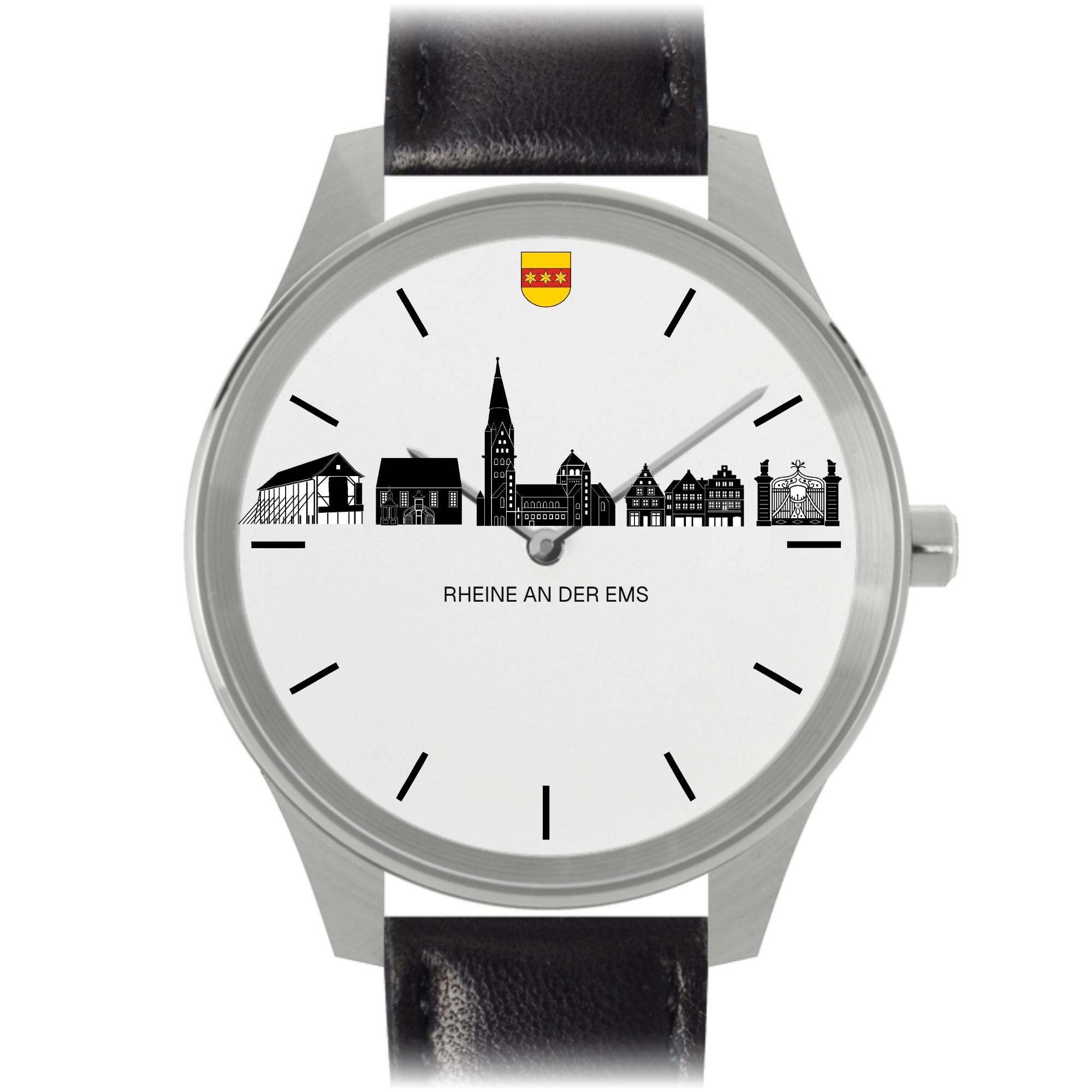 Vater & Sohn Stadtuhr Rheine mit Skyline – Armbanduhr 38 mm Edelstahl, Lederarmband, Saphirglas