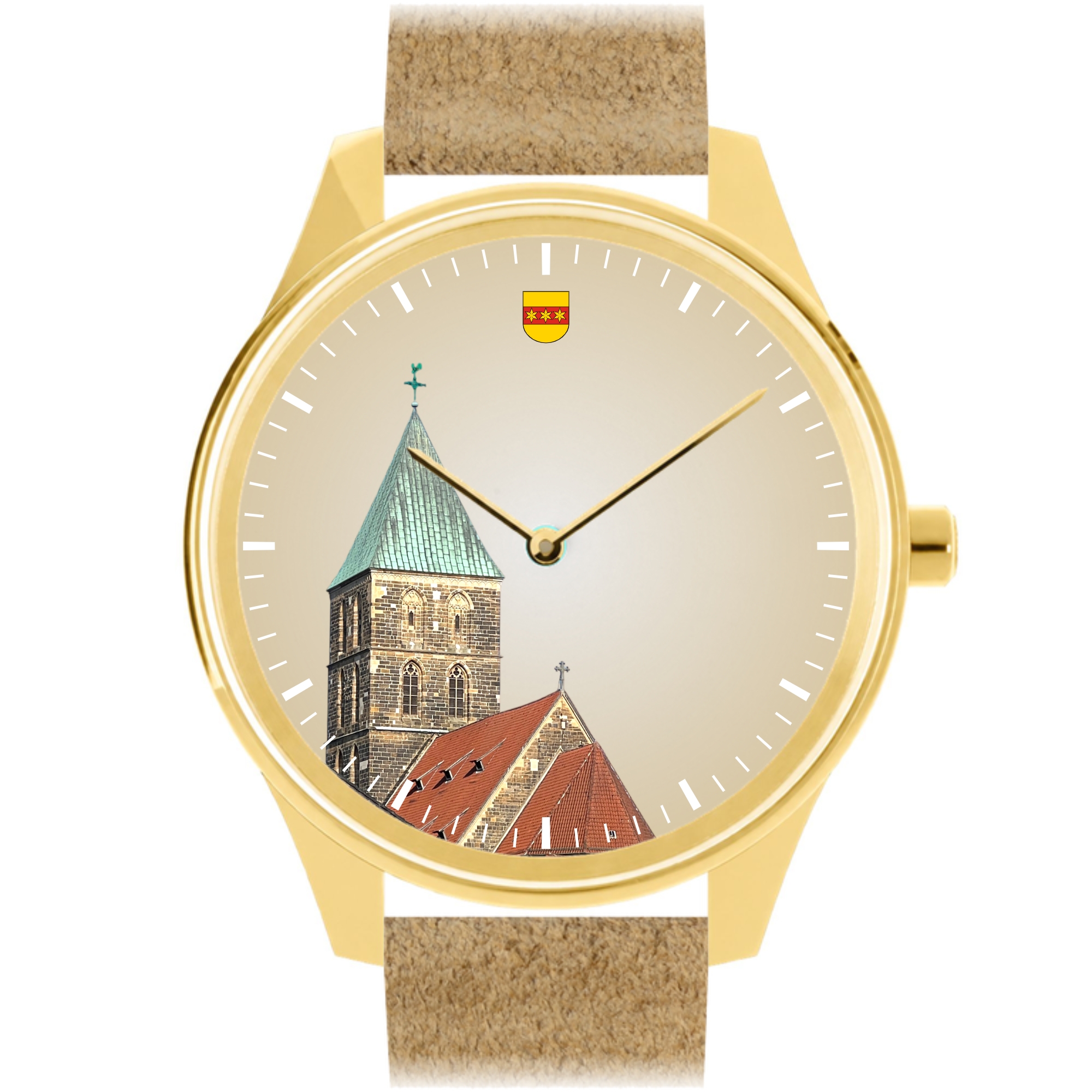 Vater & Sohn Stadtuhr Rheine St. Dionysius – Armbanduhr 38 mm, Leder beige, goldfarben, 5 Bar